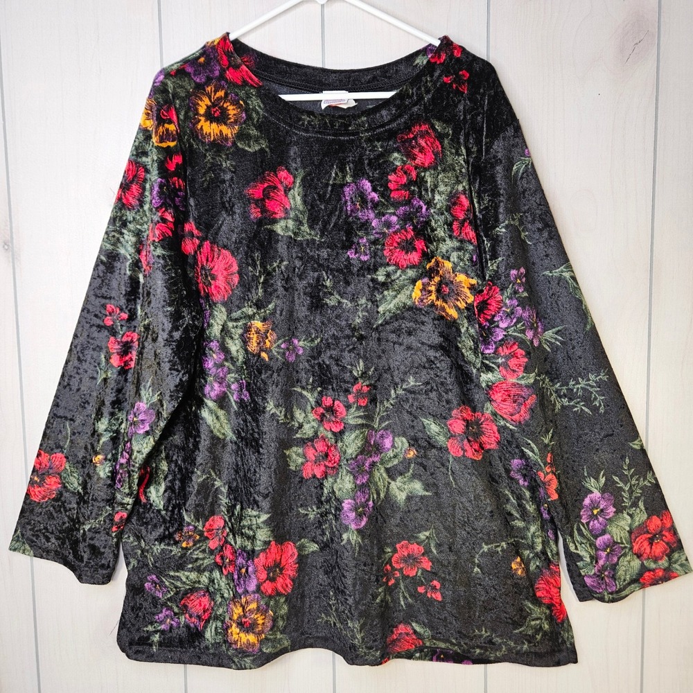 Granada Women's Black Floral Crushed‎ Velvet Whimsigoth Tunic Top 2X Dark Fairy